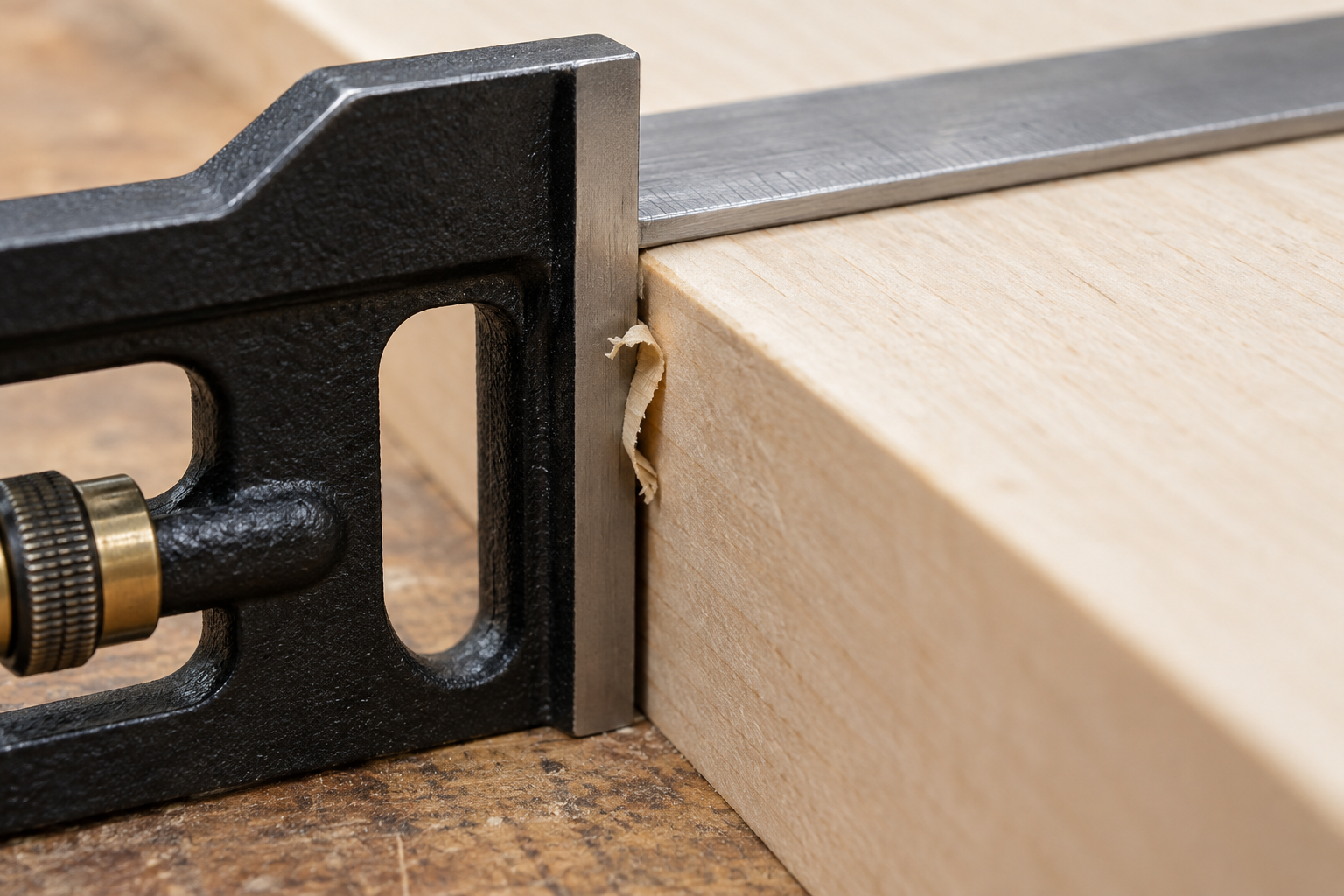 A curled shaving caught between a square head and the edge of a board.